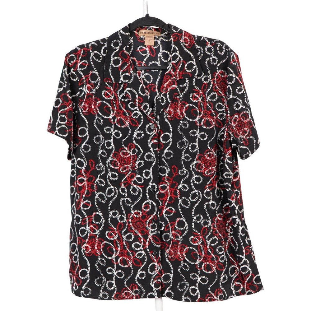 Notations Y2K Button Up Blouse XL Satin Black Red Swirl Short Sleeve Camp VNeck